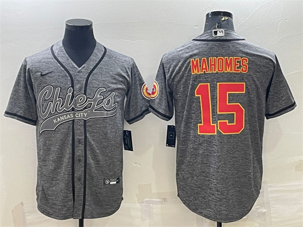 Men's Kansas City Chiefs #15 Patrick Mahomes Gray With Patch Cool Base Stitched Baseball Jersey - Click Image to Close